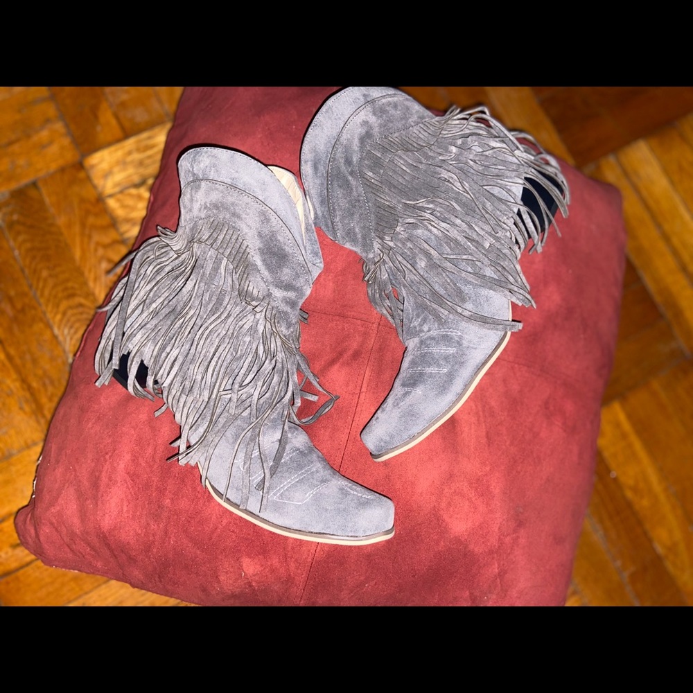 Grey-Suede Heeled, Fringed, Cowgirl Booty